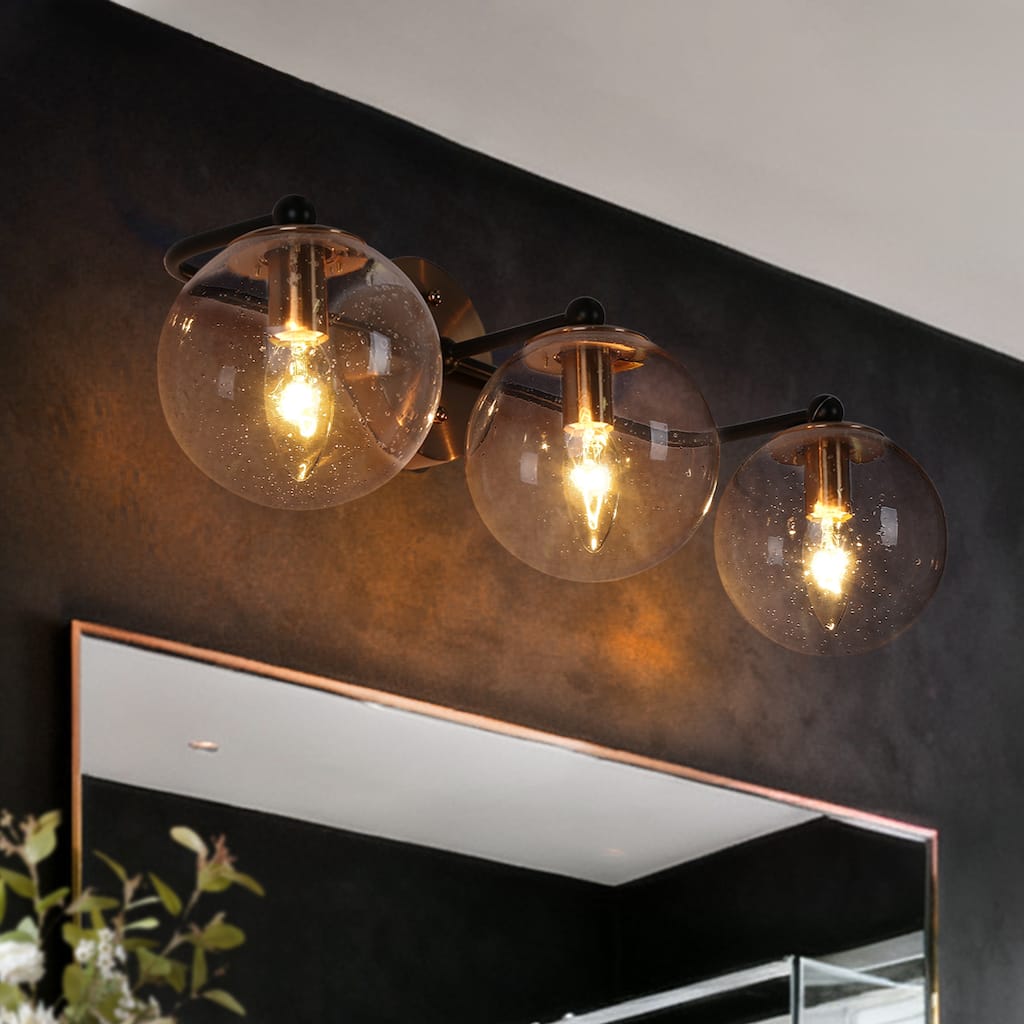 Mid-Century Modern 3-Light Black Gold Bathroom Vanity Light Globe Glass Wall Sconces - 24.5" L x 7.5" W x 8" H