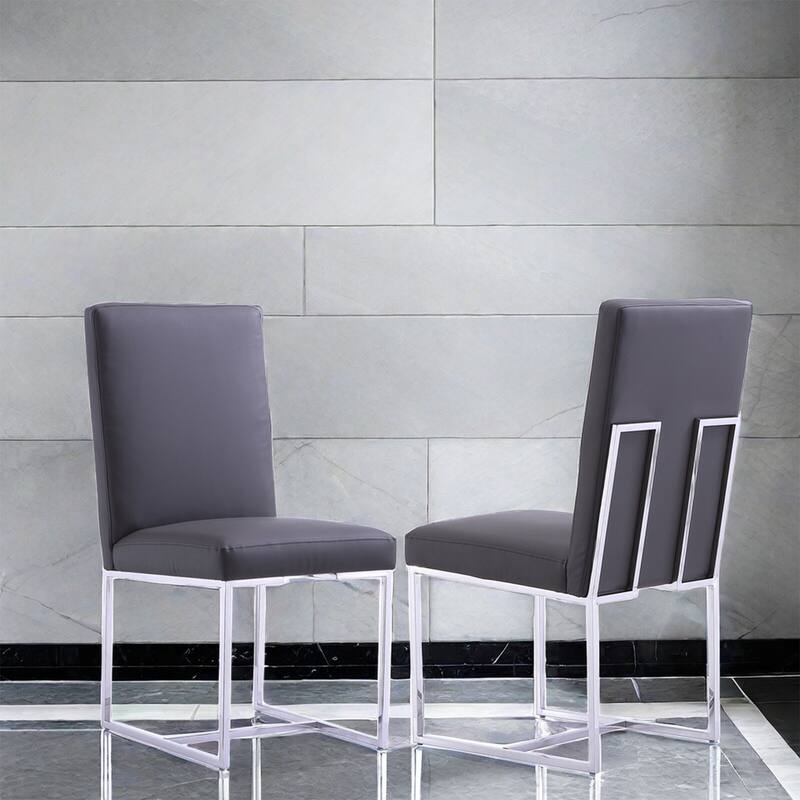 Grey Leather Upholstered Dining Chairs with Silver Stainless Steel Legs Set of 2 - Short - 16-22 in. - Grey - Set of 2