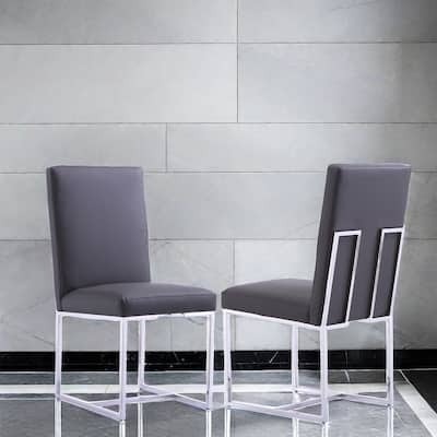 Grey Leather Upholstered Dining Chairs with Silver Stainless Steel Legs Set of 2