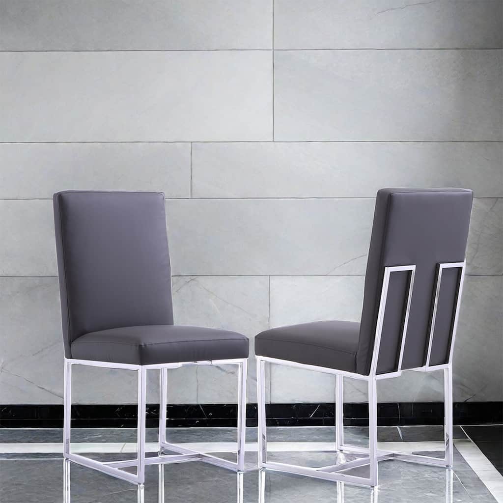 Grey Leather Upholstered Dining Chairs with Silver Stainless Steel Legs Set of 2