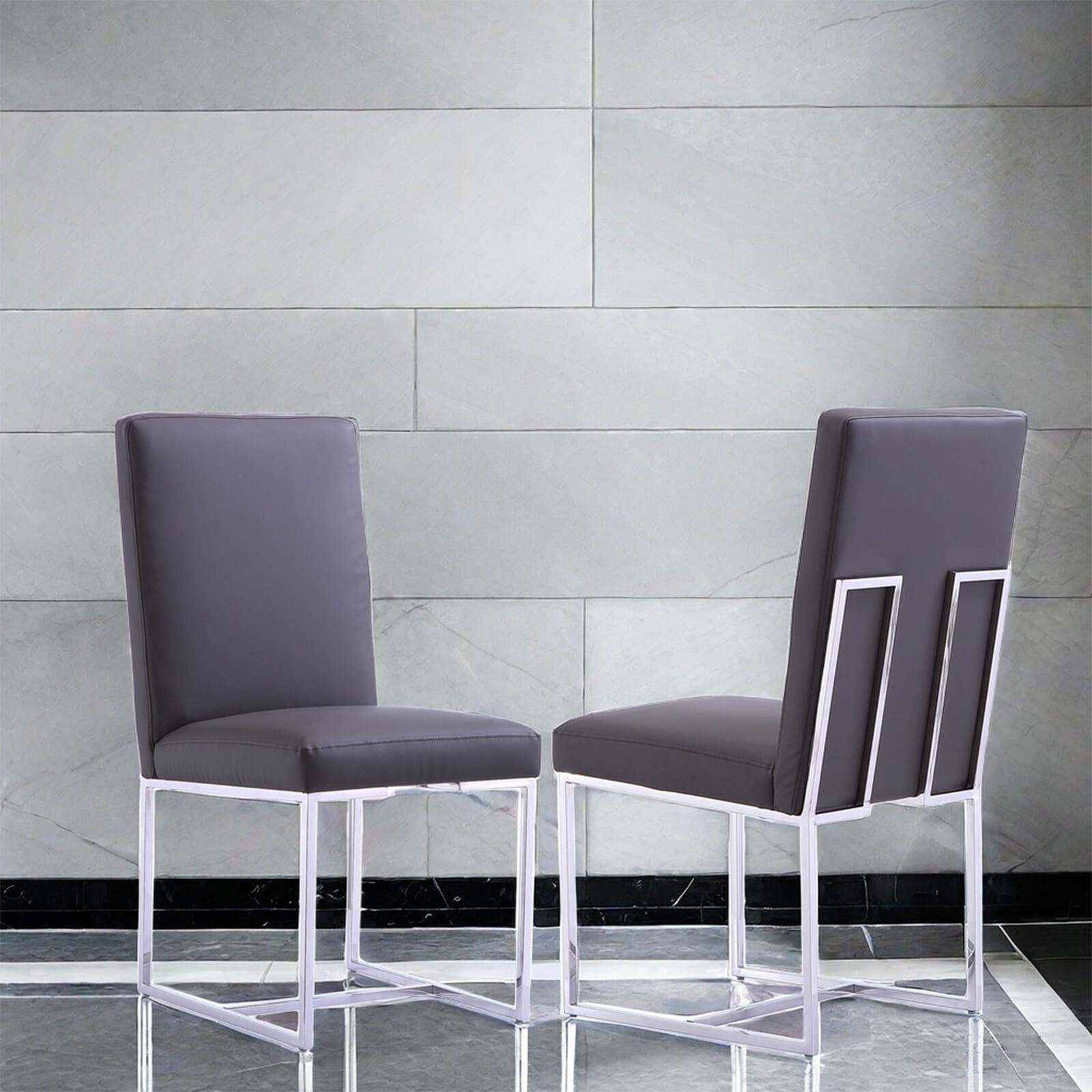 Grey Leather Upholstered Dining Chairs with Silver Stainless Steel Legs Set of 2