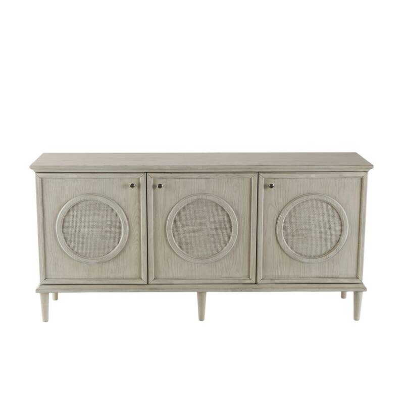 Wooden Washed Circular Woven Rattan 3 Door Sideboard with Round Silver Knobs - Light Gray - Roche River Decor