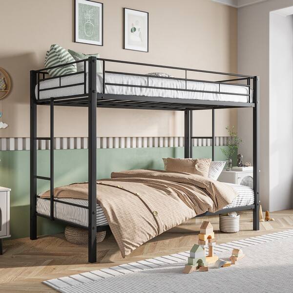 slide 2 of 9, Twin over Twin Metal Bunk Bed, Heavy Duty with shelf and Slatted Support Black