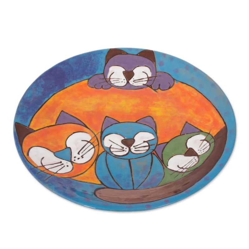Novica Handmade Happy Cat Family Ceramic Decorative Plate