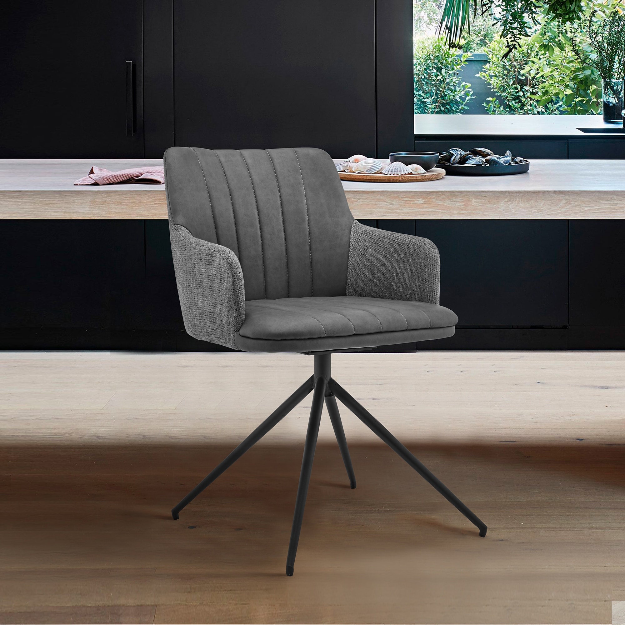 Modern Faux Leather and Fabric Metal Swivel Dining Room Chairs - Set of 2
