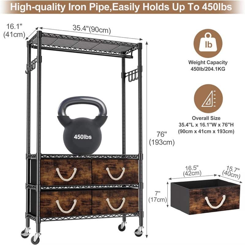 Rolling Clothes Rack with Shelves - 35.4"D x 16.1"W x 76"H