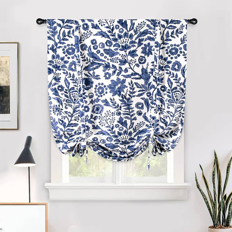 Porch & Den Ouzel Floral Watercolor Tie Up Single Curtain Panel - 31" width x 47" length - Navy