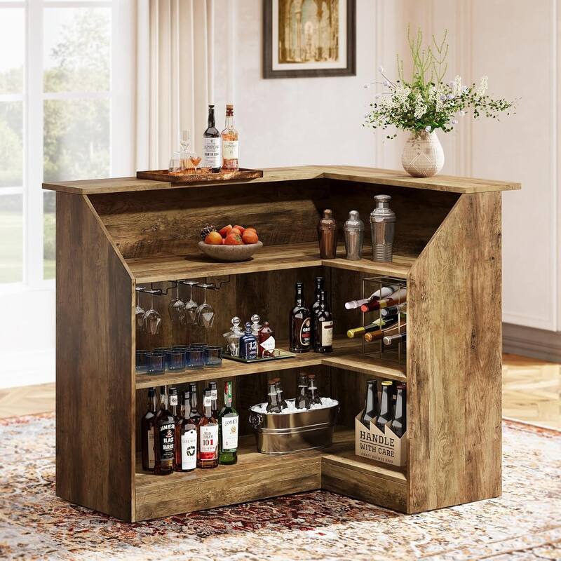 L-Shaped Bar Cabinet with Stemware Racks, 4-Tier Corner Bar Unit Liquor Wine Bar Table - Brown