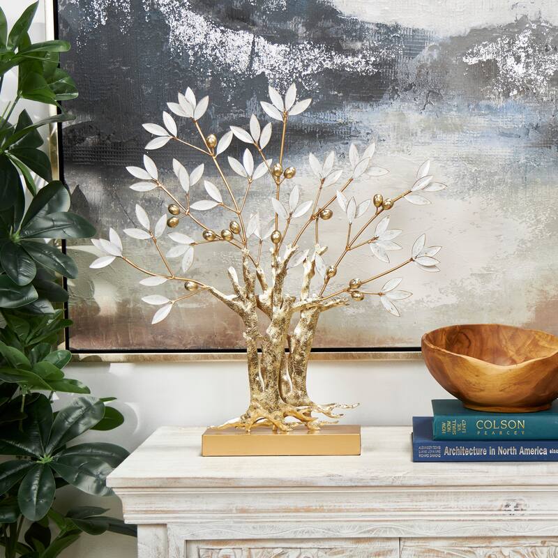 Gold Metal Metallic Tree Decorative Sculpture with White Leaves - Gold