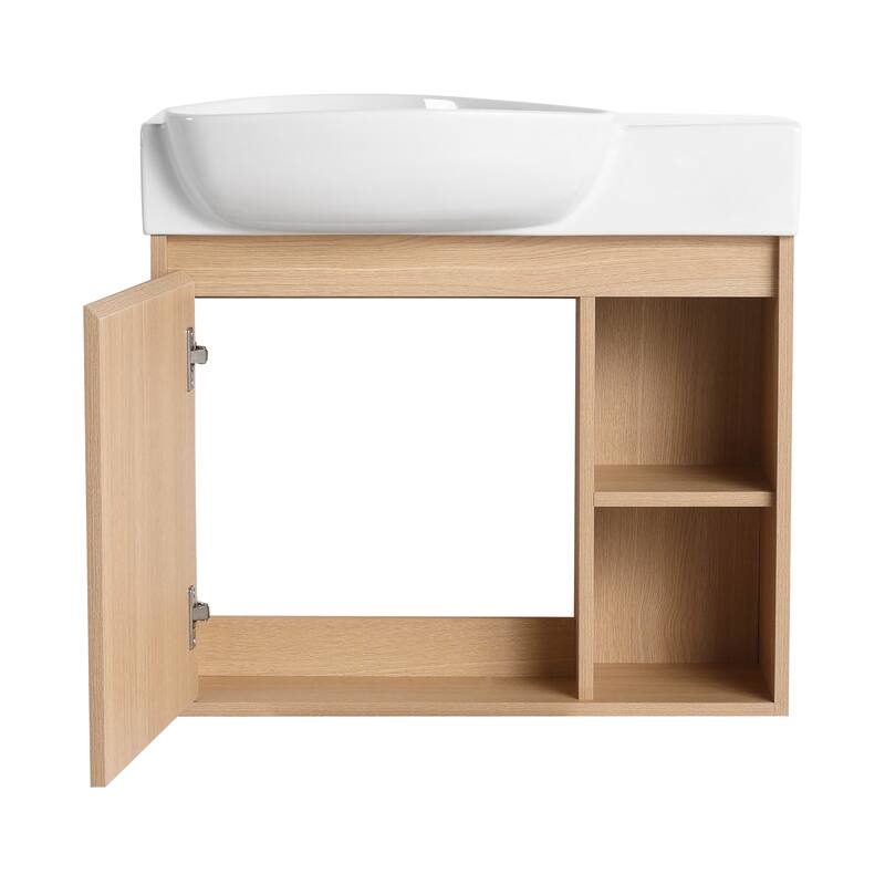26'' Wall-Mounted Bathroom Vanity with White Ceramic Sink & Soft-Close Door, KD-Packing