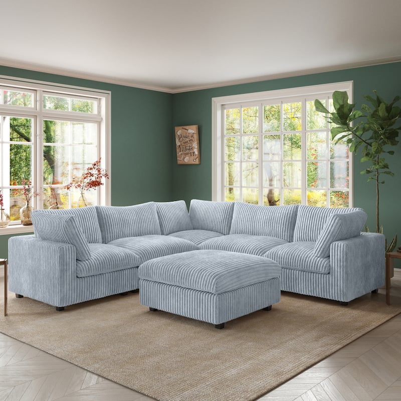 118" Modular V Shaped Sectional Couches with Ottoman, Removable Covers, Grey - V Shape + Ottoman