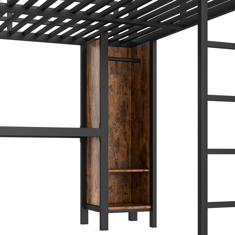 Queen Size Heavy Duty Metal Loft Bed with Wardrobe & L-shaped Desk, Multi-functional Storage Bed Frame with Cubes & Shelves