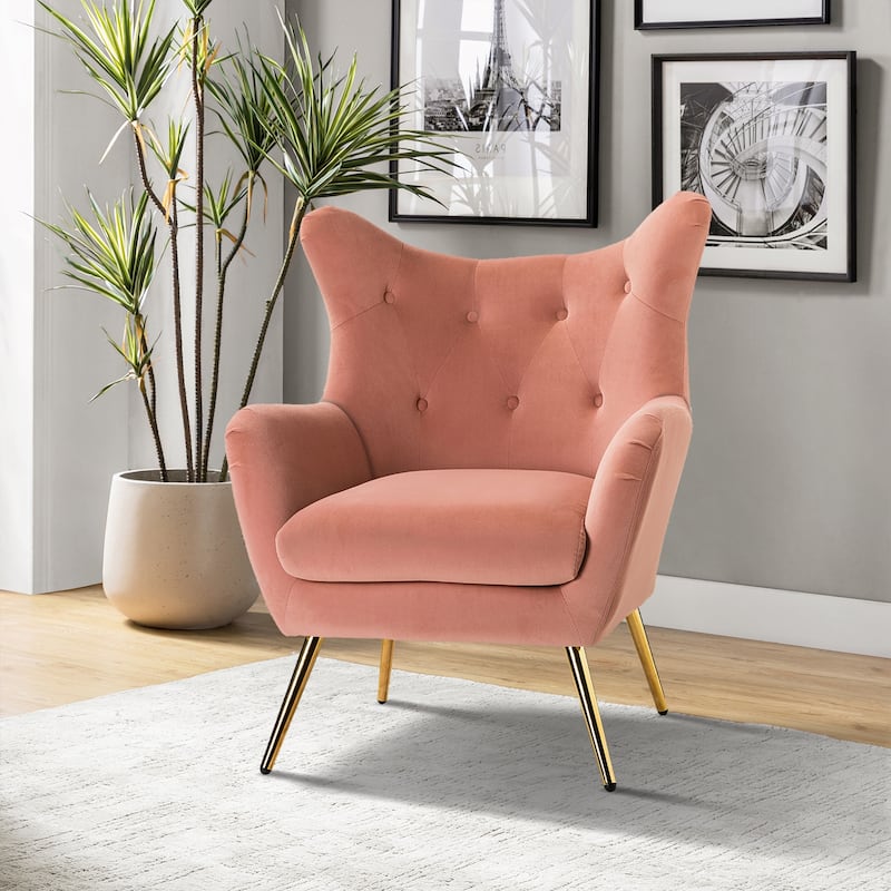 Eusebio Tufted Velvet Accent Chair with Wingback, Arms, and Metal Gold Legs for Living Room or Bedroom by HULALA HOME