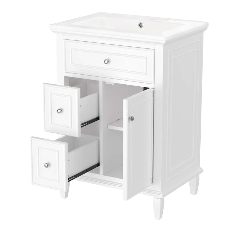 24" Bathroom Storage Vanity Cabinet with Ceramic Sink and Flip Drawer