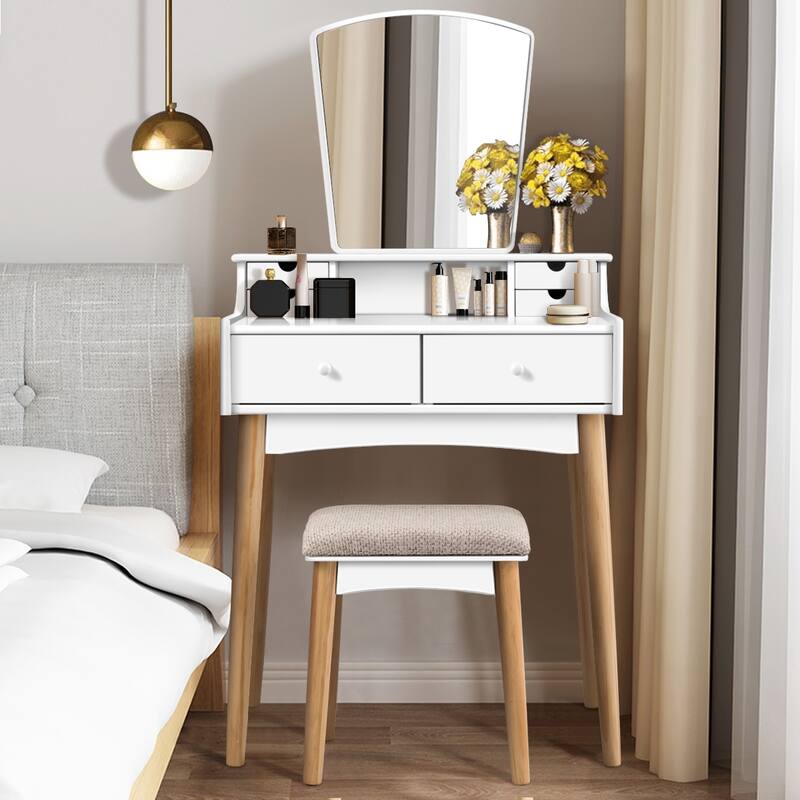 Costway Vanity Table 6 Dressing Table Cushioned Stool Makeup Table - White