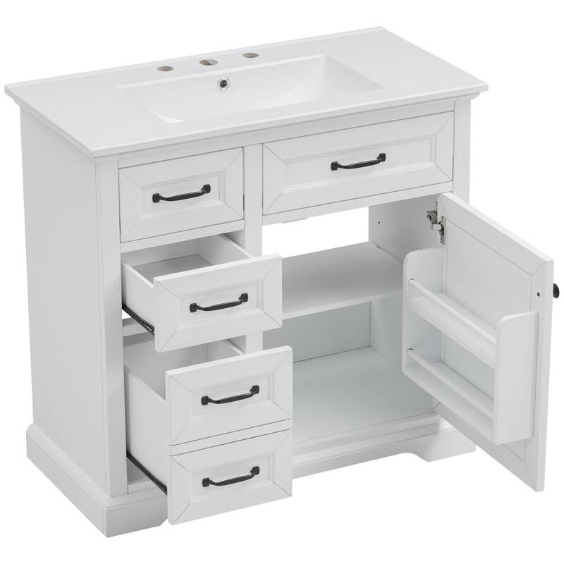 36-Inch Bathroom Vanity with Ceramic Sink Top, 4 Drawers and 1 Soft-Close Door, Freestanding Storage Cabinet with Metal Handles