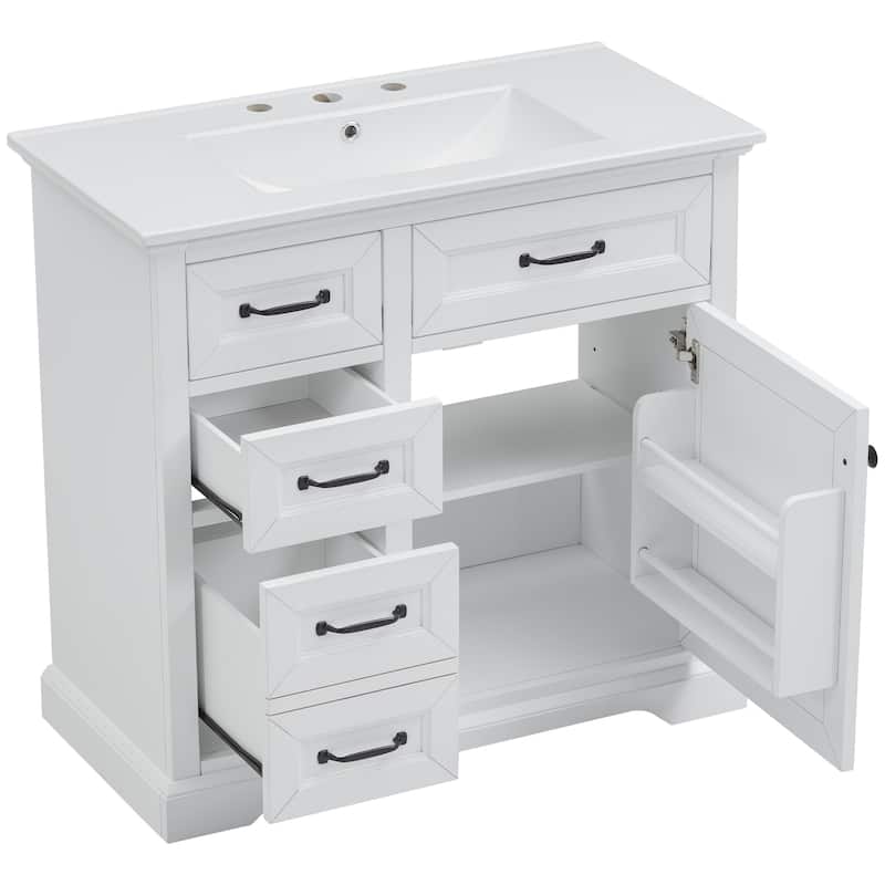 GDFStudio - Avalon 36-Inch Bathroom Vanity with Ceramic Sink Top, Freestanding Storage Cabinet, Pre-Drilled for 8-Inch Faucet