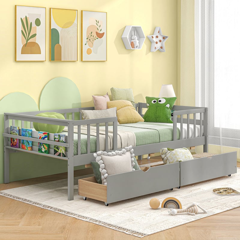 Twin Daybed with Fence and Storage Drawers Kids Bed