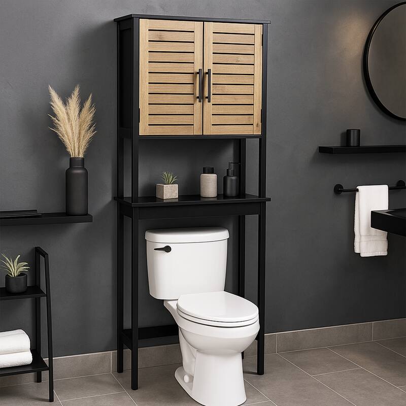 Over The Toilet Storage Cabinet with Double Vented Doors and Open Shelf, Black and Brown - Bergen Collection
