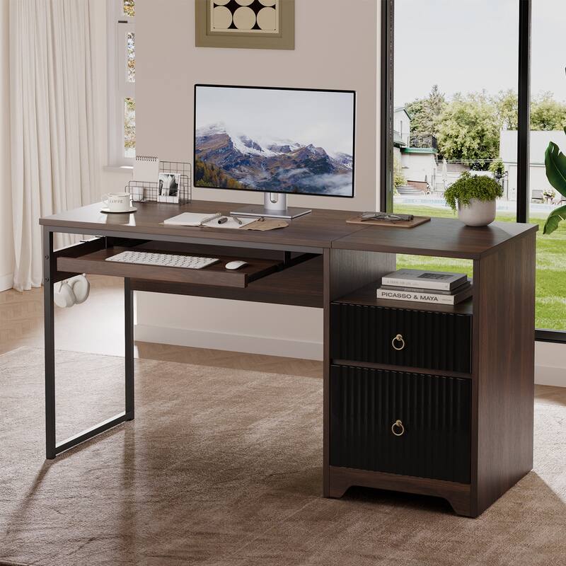 Bestier 55.1" Reversible Computer Desk with 2 Drawers & Keyboard Tray, Home Office Desk Hooks, Modern Writing Desk for Study - Brown