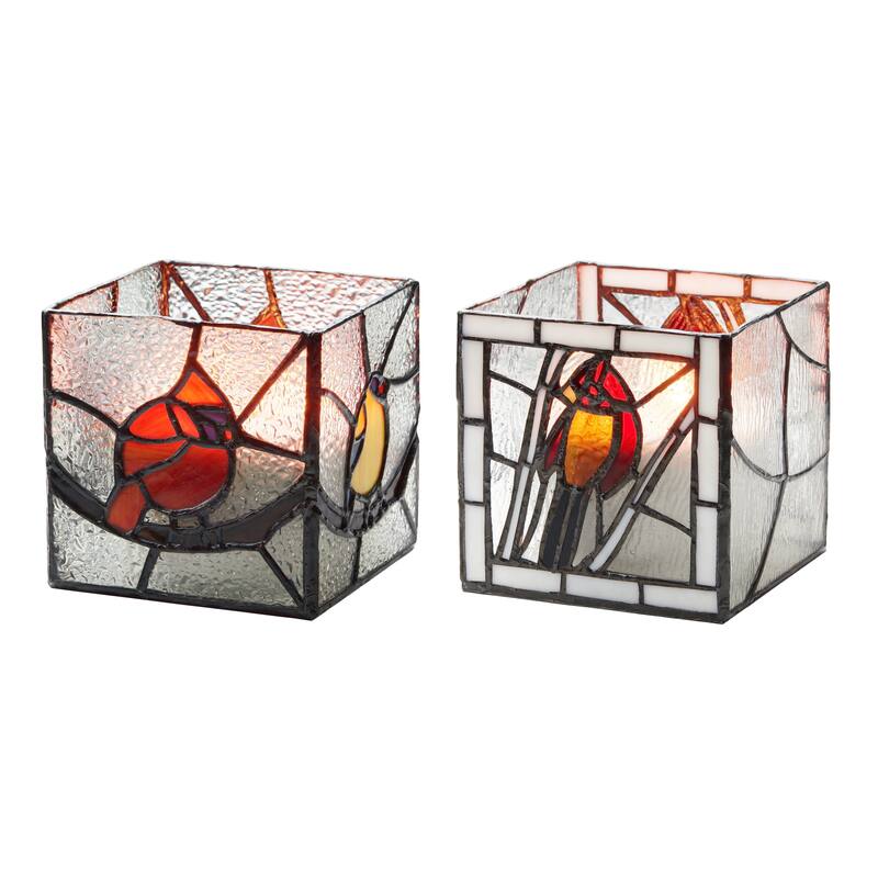 River of Goods 4.75-Inch Bird Stained Glass Candle Holder (Set of 2) - 4.75" x 4.75" x 4.75" - Red/Orange/Yellow/White/Blue/Clear - Glass - Indoor