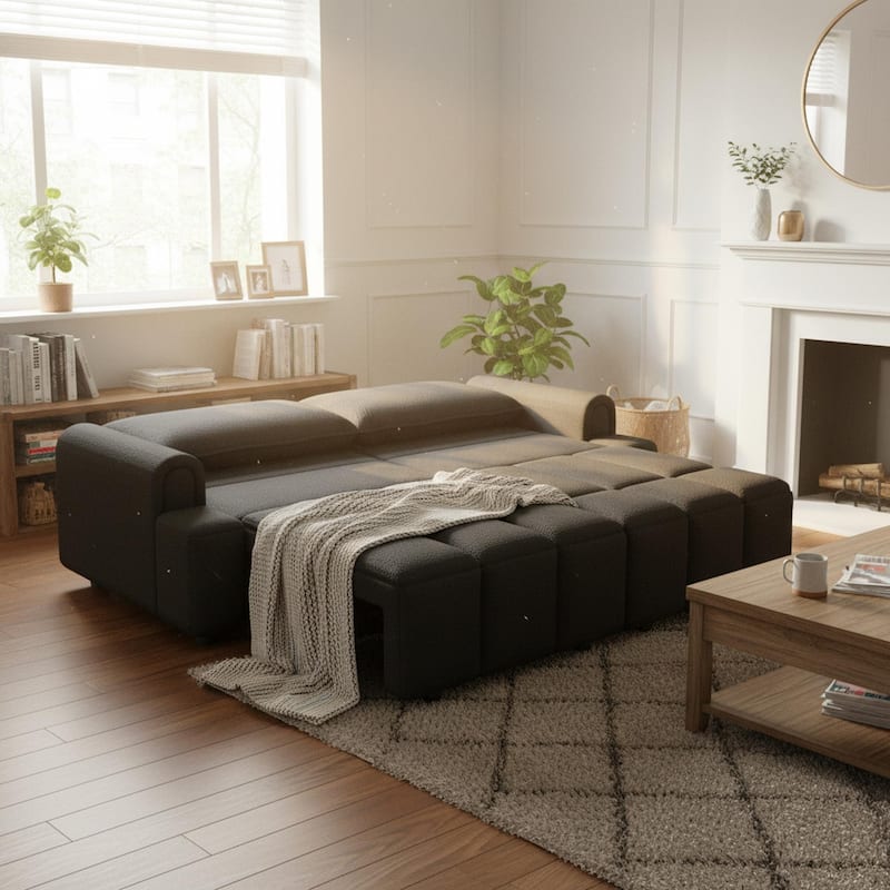 Homy Casa 90" 4-Seater Teddy Fabric Sofa with Hidden Seat Storage, 3-in-1 Convertible Sleeper Couch, Beige/Grey/Black