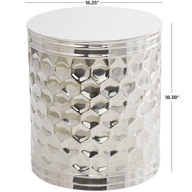 Silver Stainless Steel Metal Drum Geometric Accent Table with Hexagon Patterned Exterior