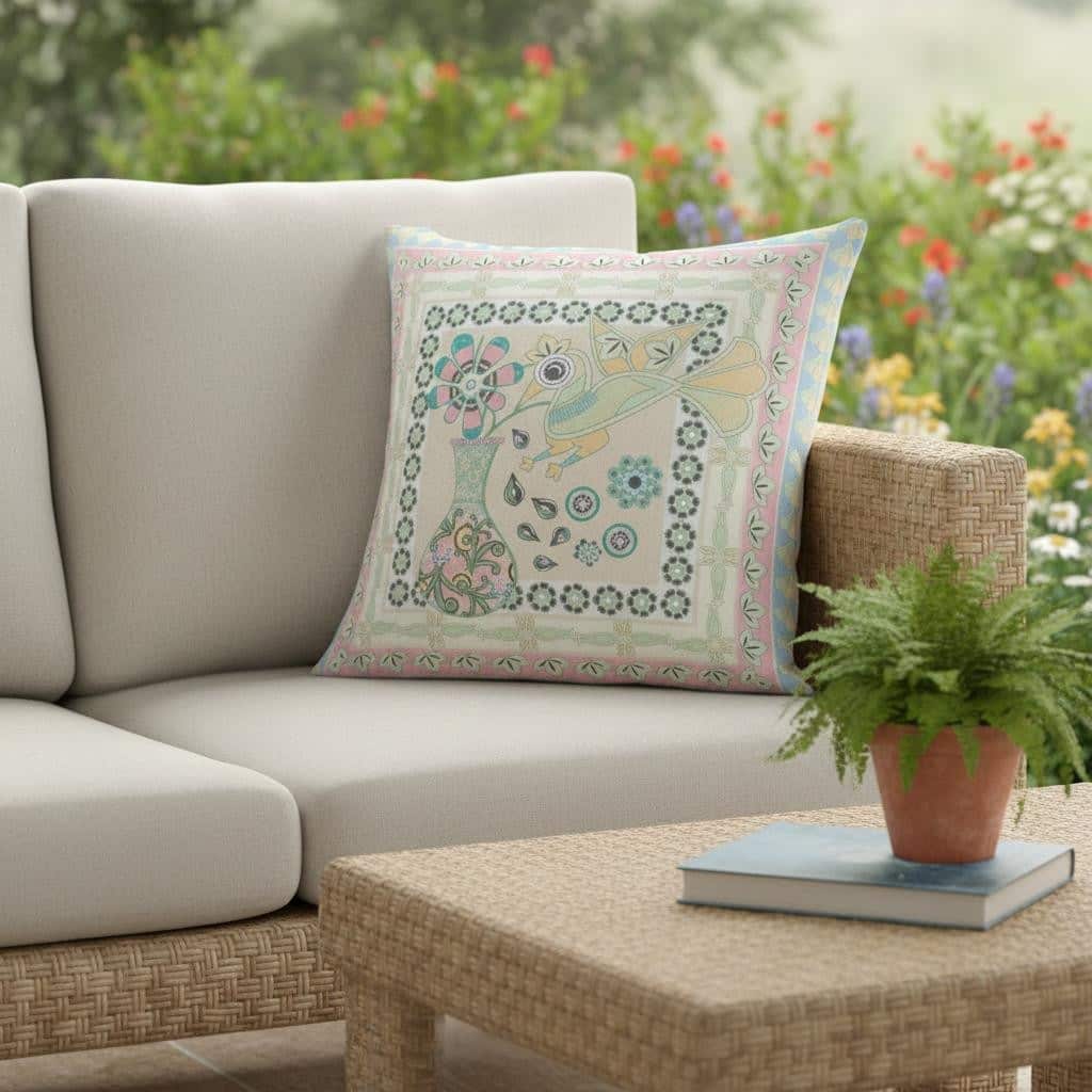 HomeRoots 20" x 20" Blue and Beige Peacock Blown Seam Floral Indoor Outdoor Throw Pillow - 20.00' X '5.00' X '20.00