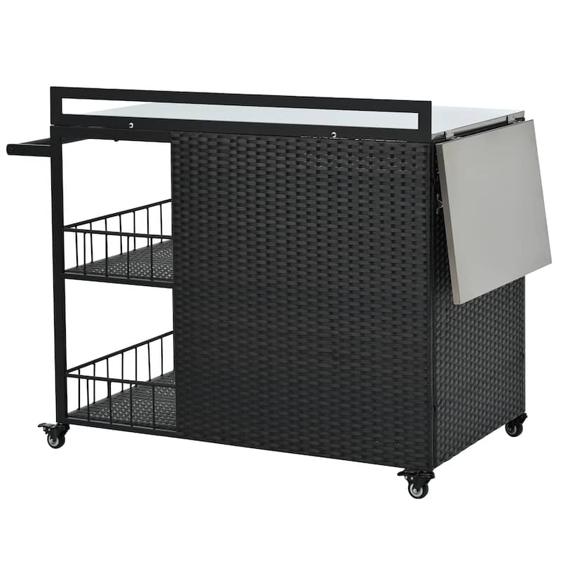 63.5" Outdoor Kitchen Island with Foldable Stainless Steel Tabletop, Outdoor Rattan Grill Cart with Open Shelves & Bottle Opener