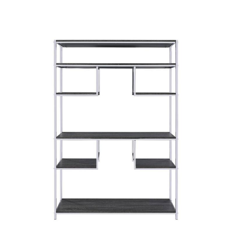 Etagere Bookshelf with 7 Shelves and Geometric Pattern,Silver and Dark Gray