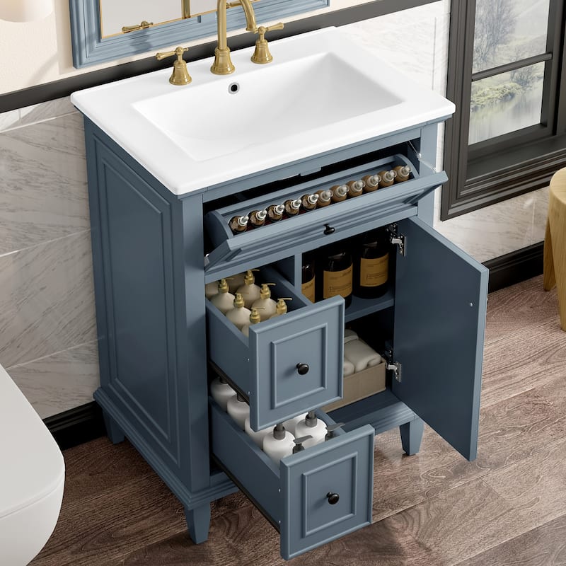 24" Bathroom Vanity with Sink Bathroom Storage Cabinet with One Flip Drawer and Two Drawers, Adjustable Shelf