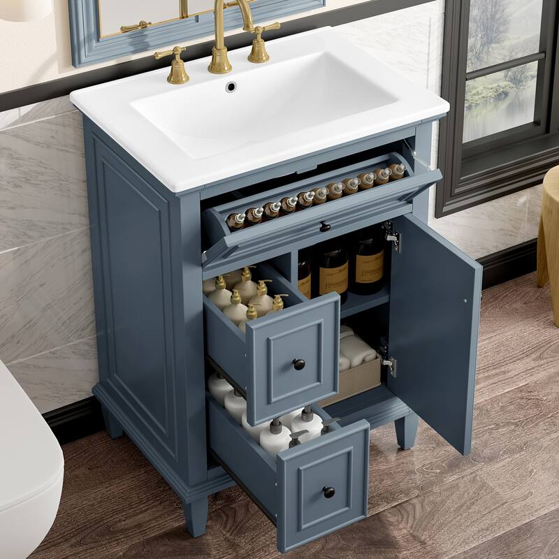 Rossetta Modern Wooden Convenient Flip Drawer Design Freestanding Bathroom Vanity Cabinet with Adjustable Shelf, Easy Assembly