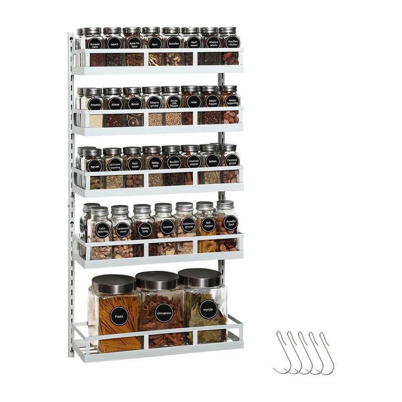 Wall Mount Spice Rack Organizer 5 Tier Height-Adjustable Hanging - ‎5.4"D x 15.6"W x 32.3"H - White