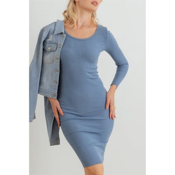 Cotton Ribbed Mini Dress with Crew Neck and Long Sleeve - Bed Bath & Beyond  - 42089892