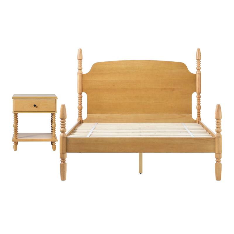 Walker Edison Spindle Queen Bed with 1-Drawer Nightstand Bedroom Set