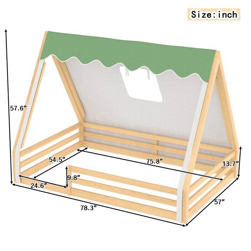Full Size House Floor Bed with Tent and Light, Solid Wood Teepee Floor Bed with Full-length Guardrails