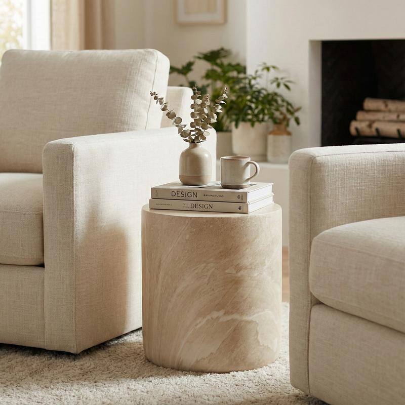 Vintara Modern Cylindrical Round Fiberstone Side Table with Brushed Finish for Living Rooms, Bedrooms, Patios, Balconies