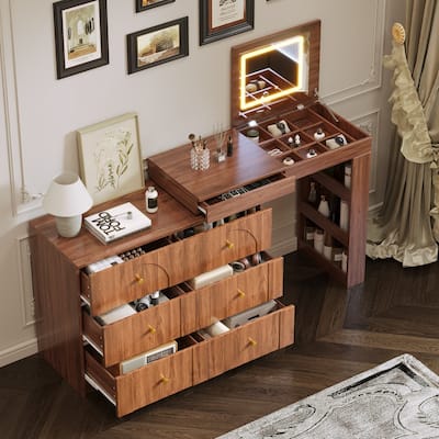Vanity Desk Dresser Table with Flip-Top Lighted Mirror and 7 Drawers