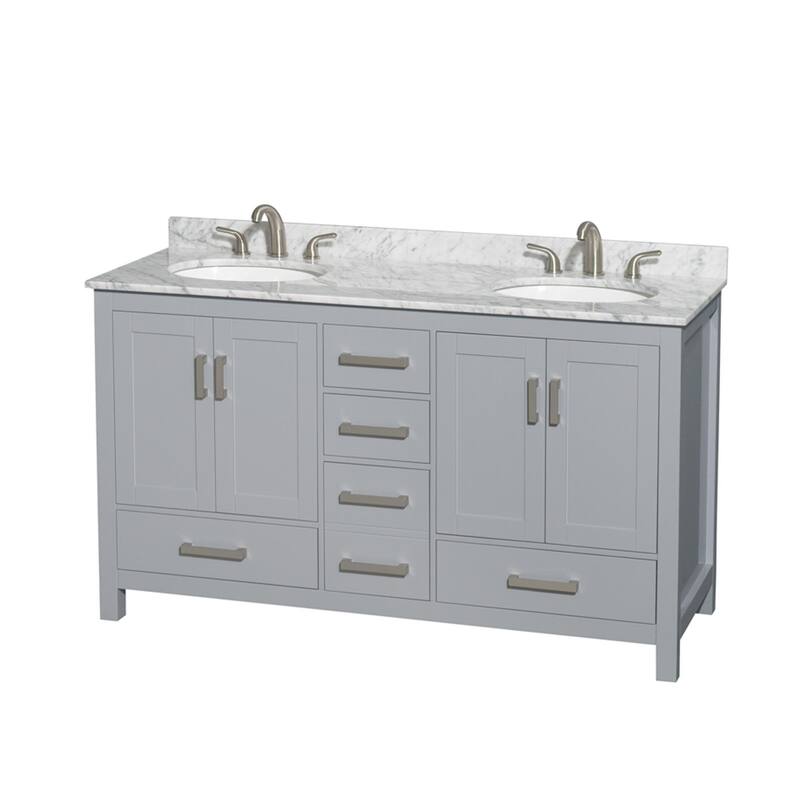 Wyndham Collection Sheffield 60" Freestanding Vanity Set with Hardwood - Gray / White Carrara Marble Top - Ash Finish