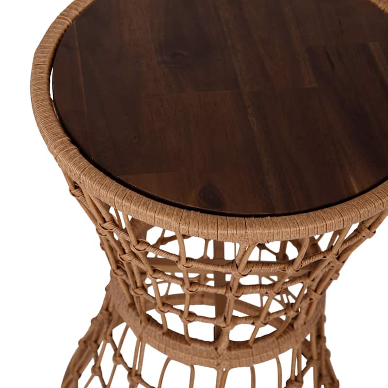 Indoor/Outdoor Boho Rattan Rope Table with Acacia Wood Top - 15.75"W x 15.75"D x 25"H