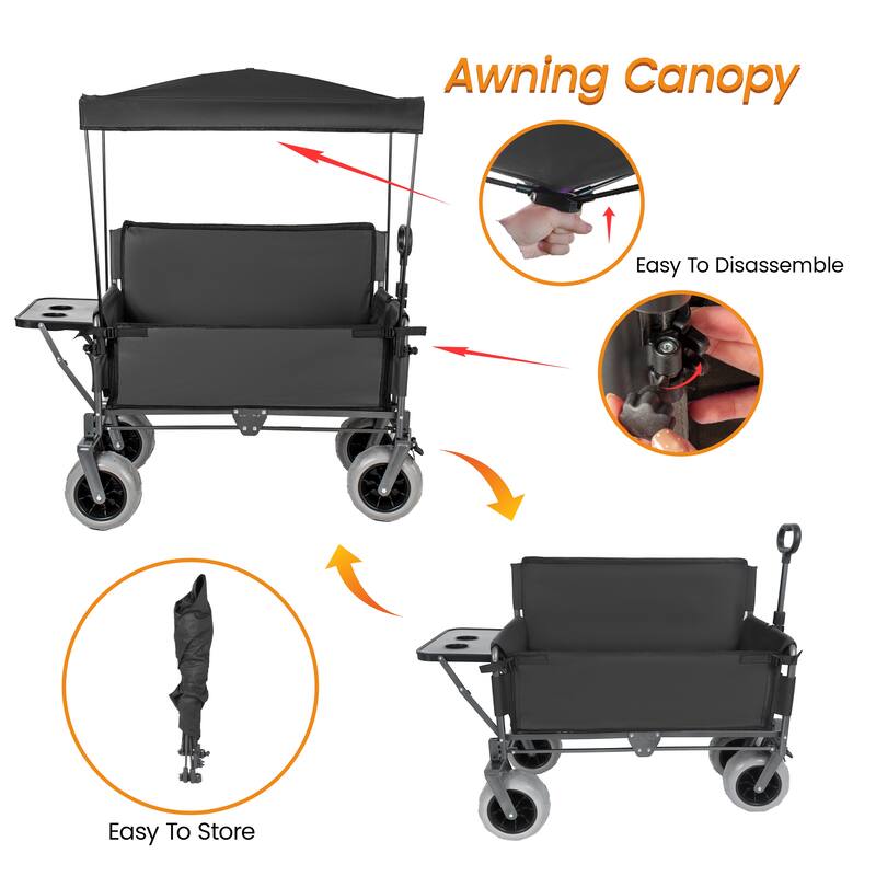 3-in-1 Collapsible Wagon,Convertible Folding Cart with Canopy &Rear-Mounted Folding Tabletop, 500lbs Heavy-Duty, 180L Capacity
