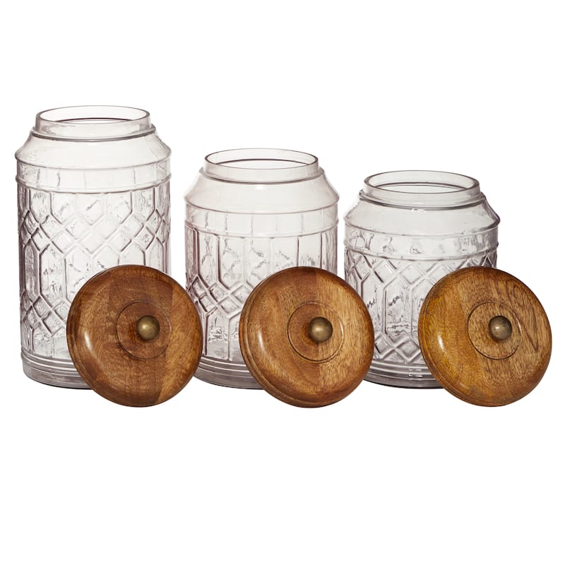 Glass Decorative Jars with Wood Lids - Set of 3 Clear - Roche River Decor - 6"W x 6"L x 11"H