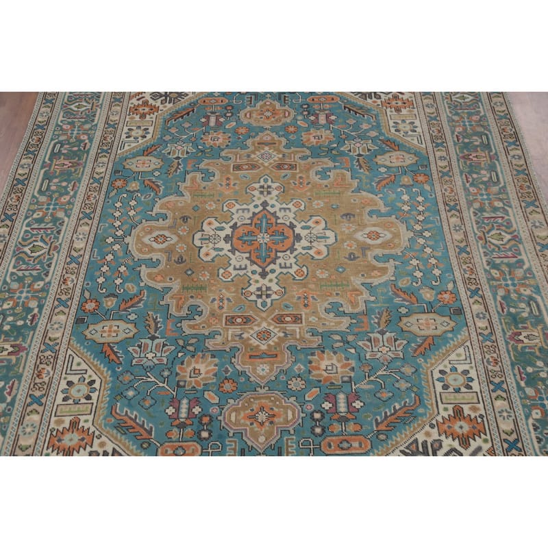 Light Blue Tabriz Persian Vintage Area Rug Hand-Knotted Wool Carpet - 6'5" x 9'5"