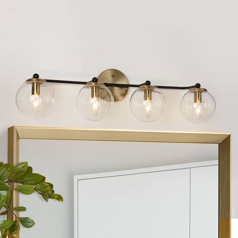 Modern Glam Black Gold 2/3/4 Light Bathroom Vanity Light Globe Seeded Glass Wall Sconces - 4-Light