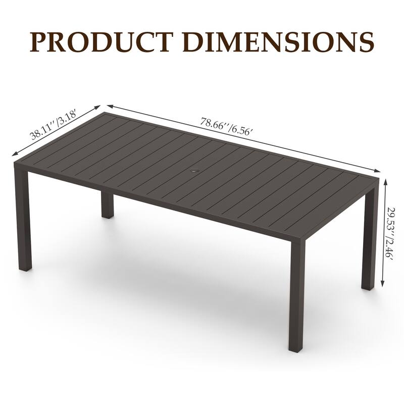 Outdoor Dining Table for 8 Person,Square Slatted Metal Patio Table for Deck Garden Lawn Backyard Use with Umbrella Hole, Brown