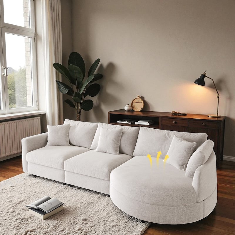 105" Chenille 3-Piece Sectional Sofa with Curved Chaise, Pine Wood Frame & 3 Throw Pillows for Living Rooms and Apartments