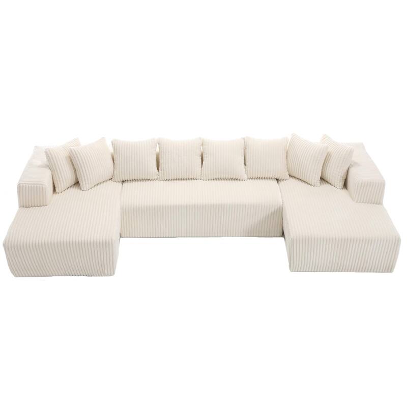 131" Modular U-shaped Sectional Couch, 4 Seater, Striped Corduroy, Ancient White