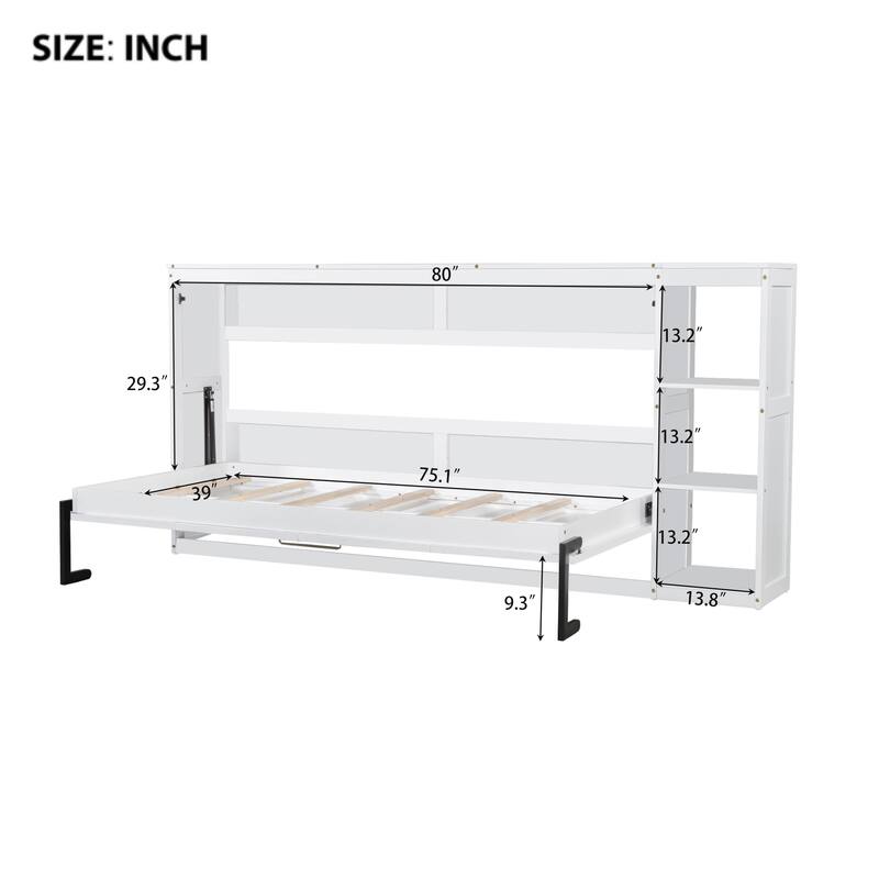 Space-Saving Twin Size Murphy Bed with Bookshelf and Storage, White