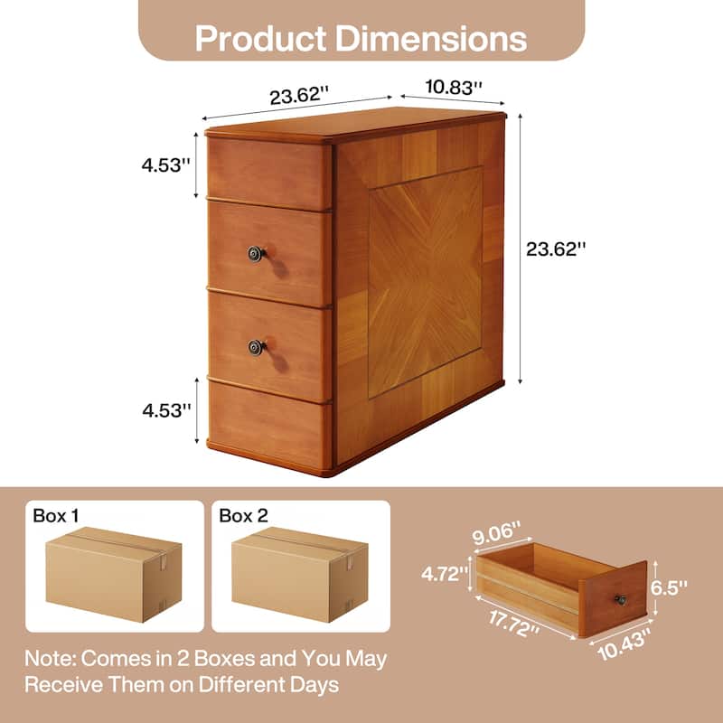 Walnut Engineered Wood Side End Table with 2 Drawers for Living Room, No Assembly Required Nightstand for Bedroom