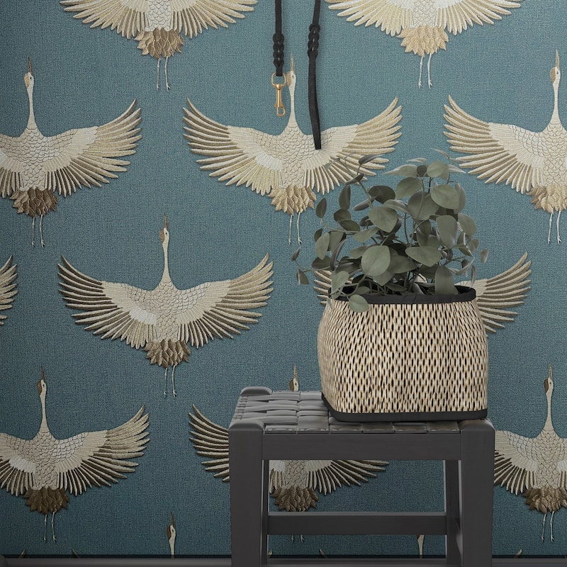 Galerie Wallcoverings Kumano Textured Stork Design Vinyl on Non-woven Pearlescent Wallpaper Roll